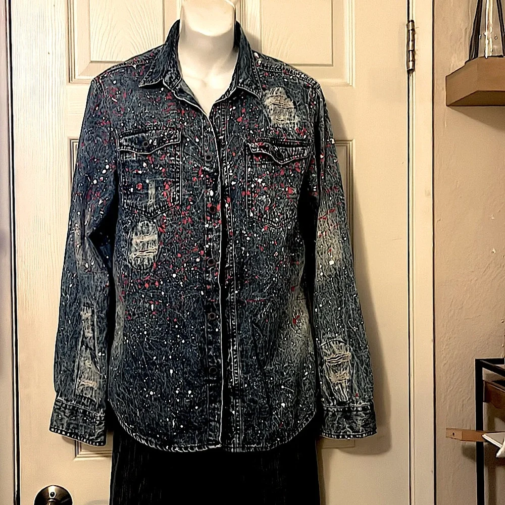 Carbon Distressed Blue Denim Mens Long Sleeve Button Down Paint Splatter Shirt